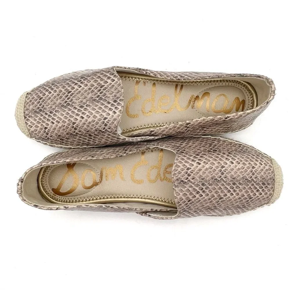 Sam Edelman Kesia Espadrilles Size 8.5 Snake Print Leather Flats Slip-On Taupe
